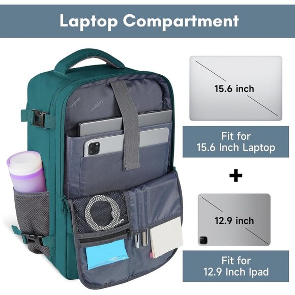 〽️Women Trendy Carry On Backpack Peacock Blue w/USB Charging Port & Shoe Pouch main image 9